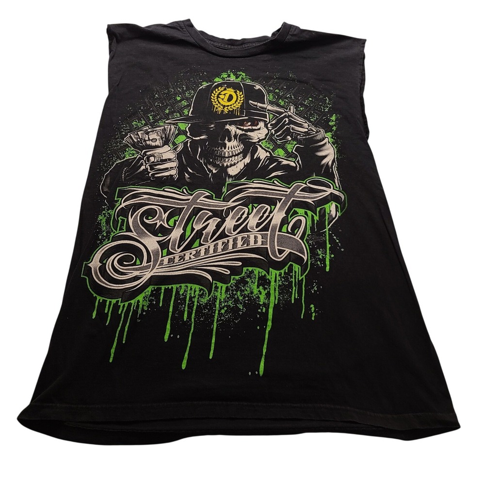 Dyse One Street Certified Skull Graphic Muscle Tee Black Green Men's L Cotton